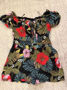 Guess Black Floral Off-Shoulder Tunic Romper with Red & Pink Blooms